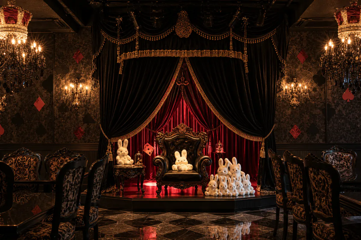 The Crown Tiara interior with a velvet throne, chandeliers and white rabbits