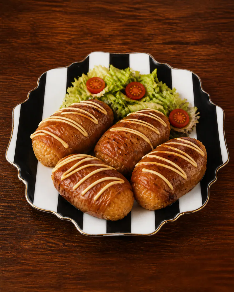 Four sweet and savory meat-wrapped rice balls
